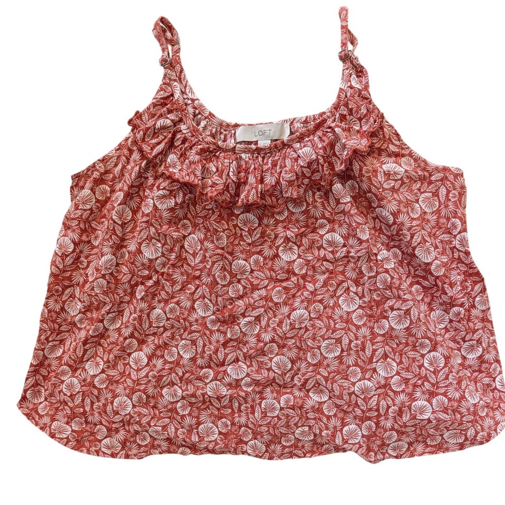 LOFT Womens Rust Orange White Botanical Leaf Clip Dot Ruffle Camisole Top Large